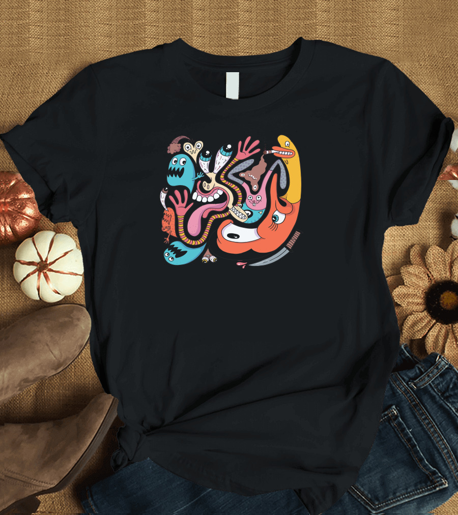 Fitted Abstract Cartoon Faces and Creatures Collage T-Shirt