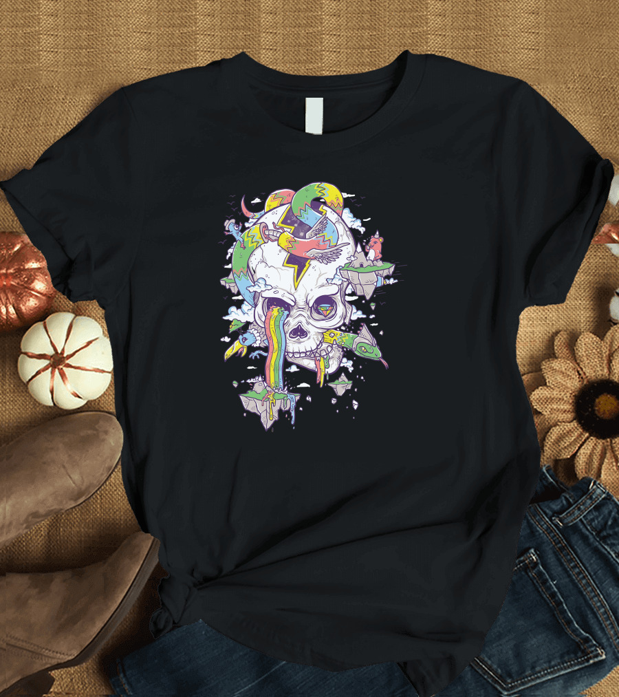 Flying Rainbow Skull with Floating Islands and Birds T-Shirt