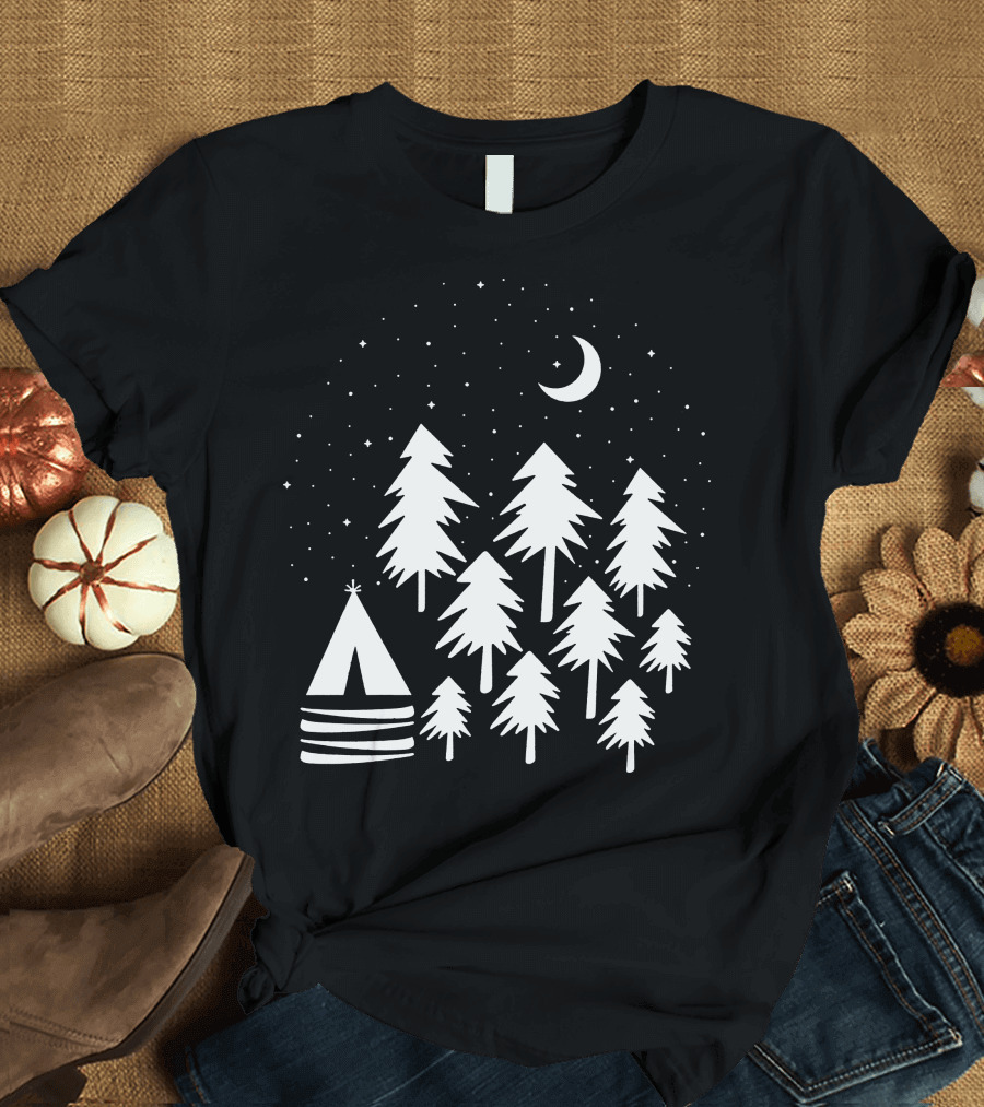 Forest White Crescent Moon Night with Stars and Trees T-Shirt