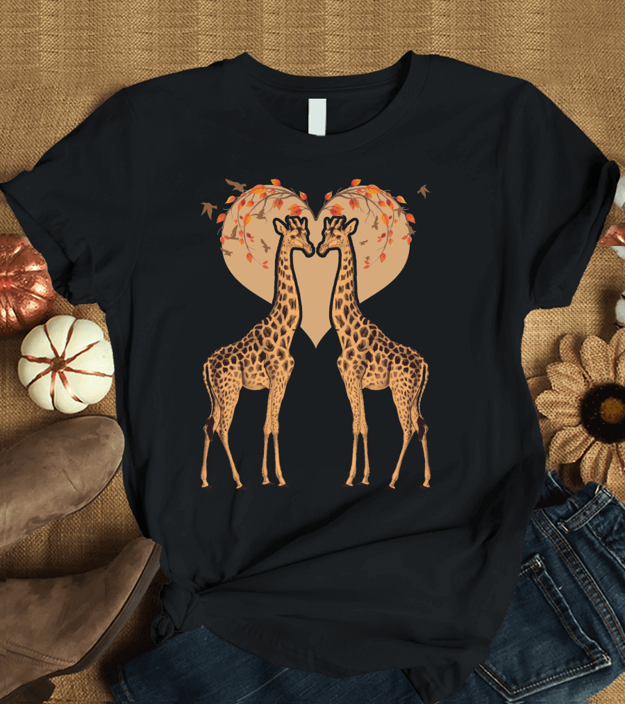 Giraffe Love Autumn Heart Leaves T-Shirt