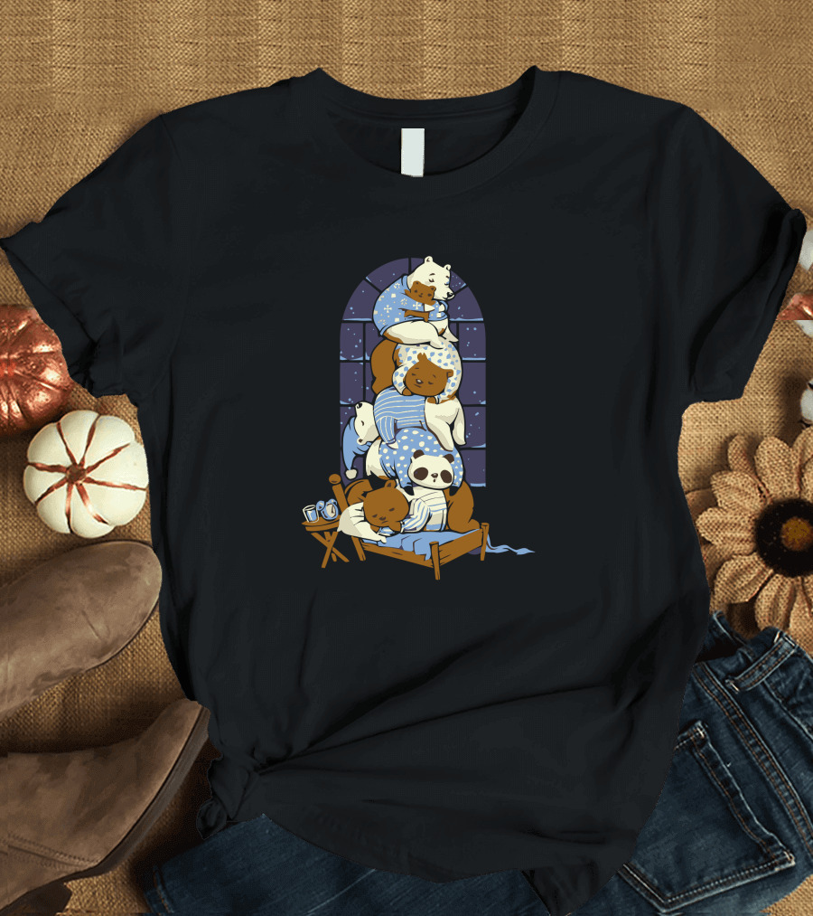 Good Night Bears Stacked in Bed with Night Sky Pajamas T-Shirt