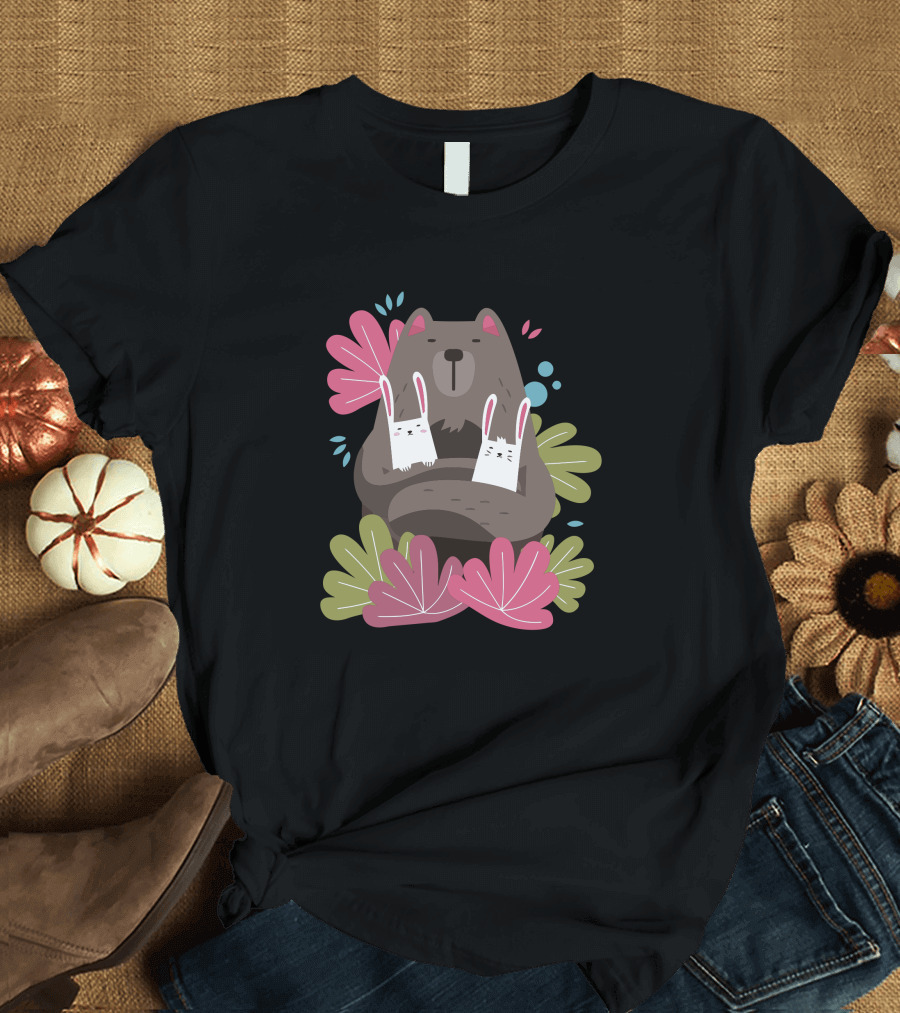 Love Bear with White Rabbits Surrounded by Pink and Green Leaves T-Shirt