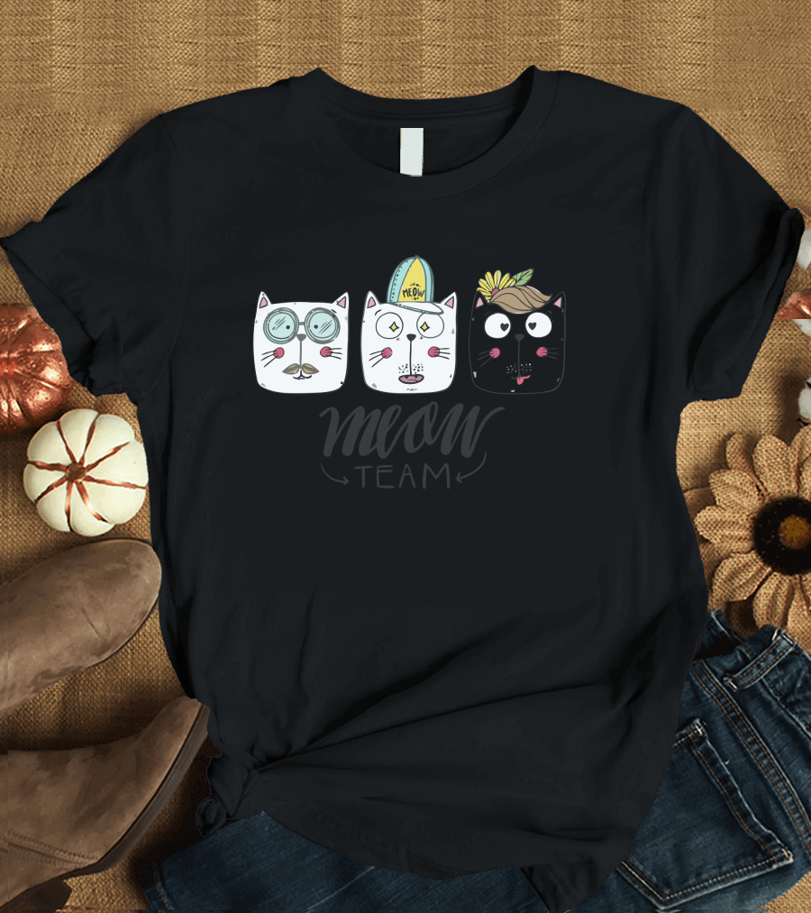 Meow Team Quirky Cat Faces with Sunglasses Hats and Flowers T-Shirt