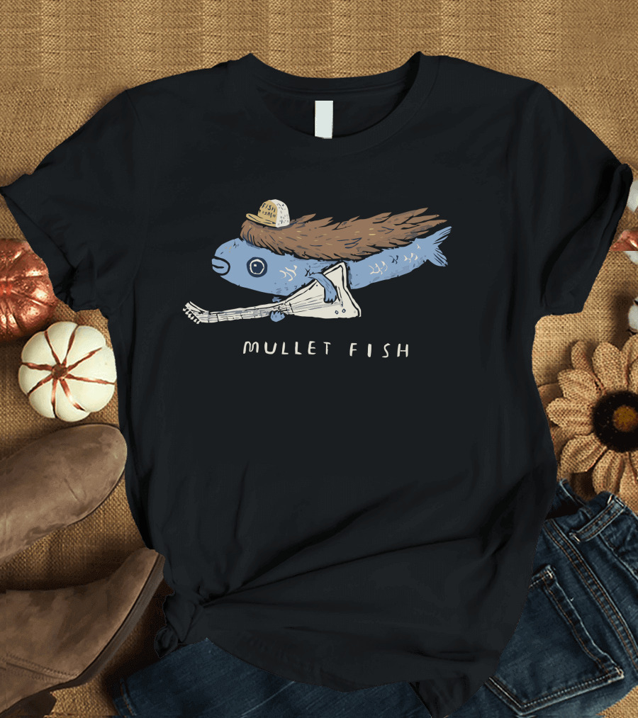 Mullet Fish Wearing Trucker Cap Playing Guitar T-Shirt