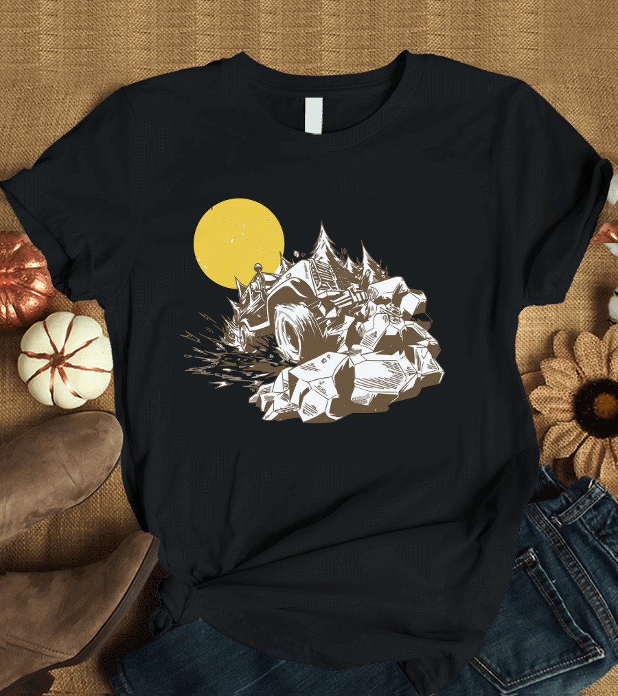 Offroad Adventure Under Full Moon Vectorized Jeep Over Rocks T-Shirt