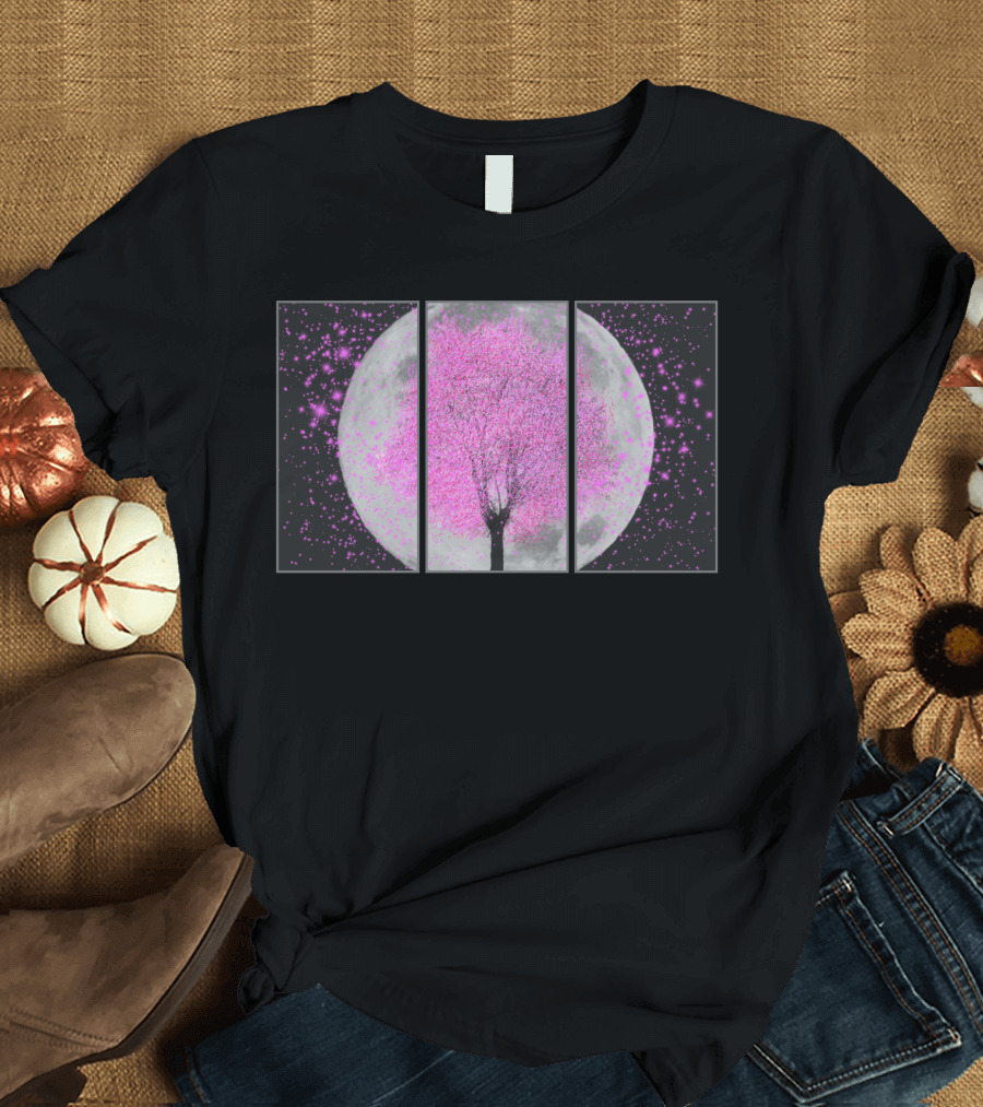 Sakura No Tsuki Pink Cherry Blossom Tree with Full Moon and Stars T-Shirt
