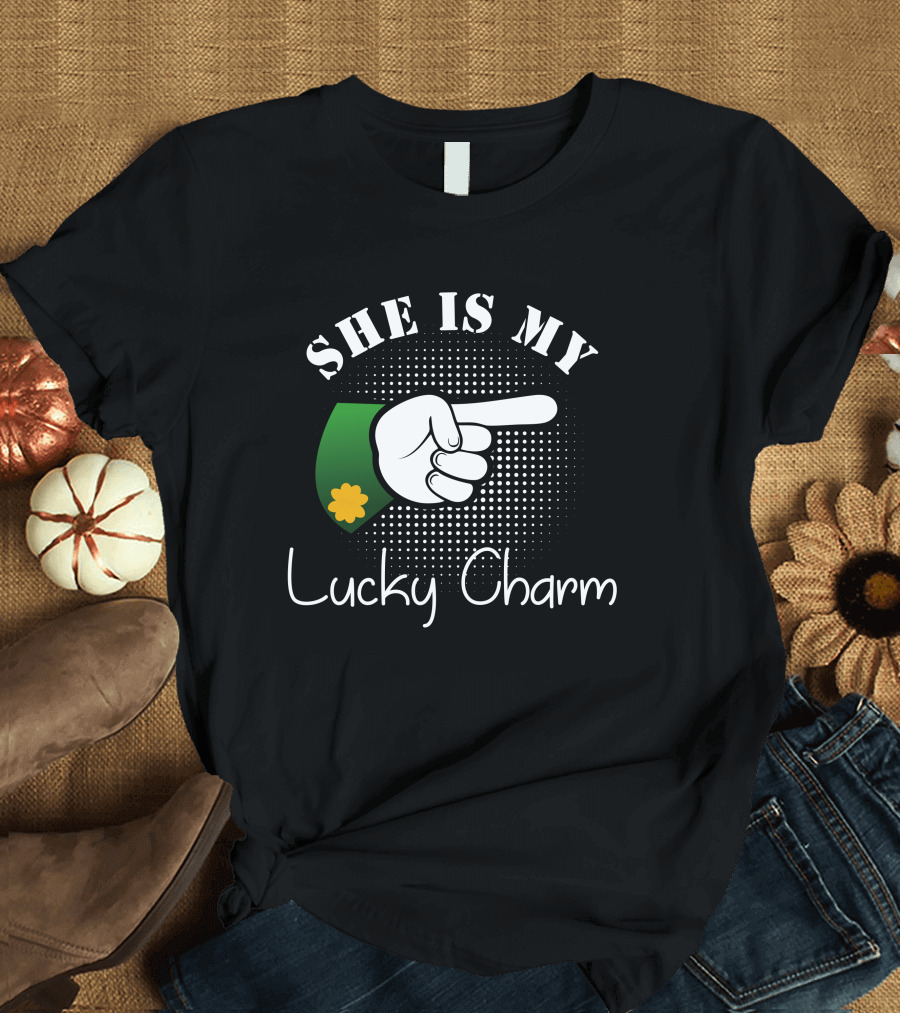 SHE IS MY Lucky Charm Hand Pointing Green Sleeve with Yellow Clover Dot Background T-Shirt