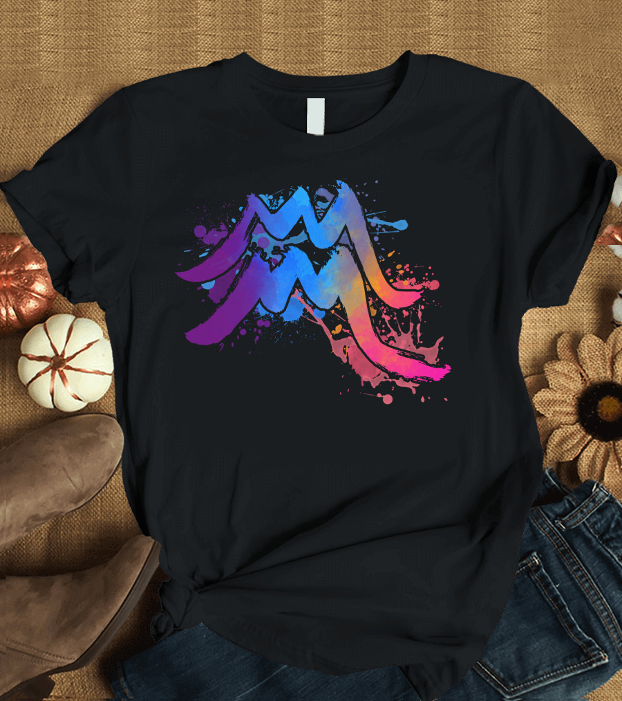 Watercolor Aquarius Zodiac Symbol Colorful Splash T-Shirt
