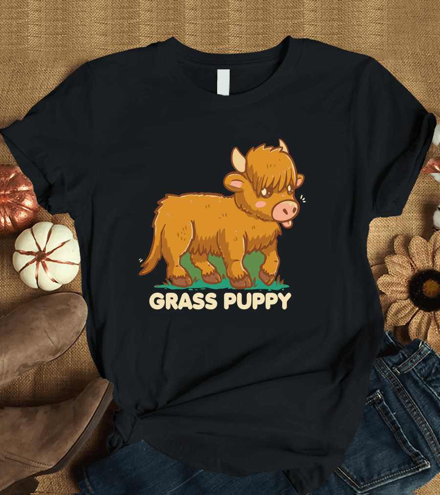 Grass Puppy Highland Cow Cute Cartoon T-Shirt