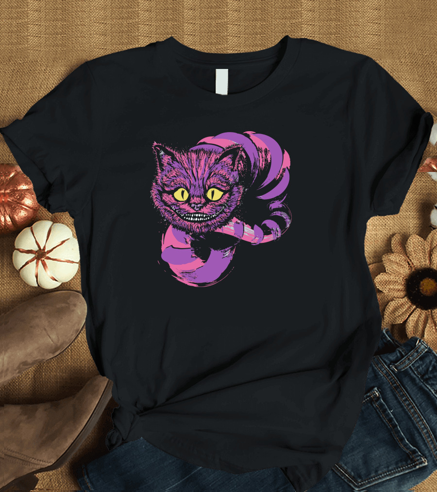 Grinning Cheshire Cat with Swirling Tail and Vibrant Colors T-Shirt