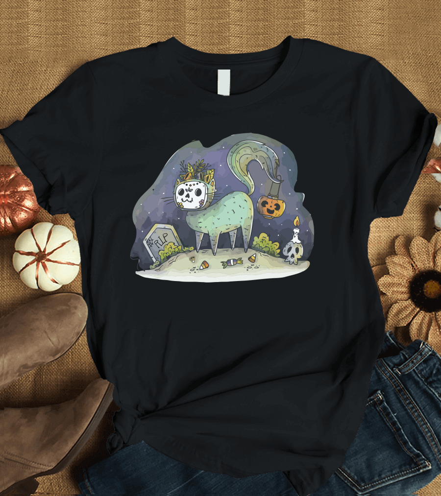 Hallo Cat Spooky Halloween Graveyard Scene with Skull and Candy T-Shirt