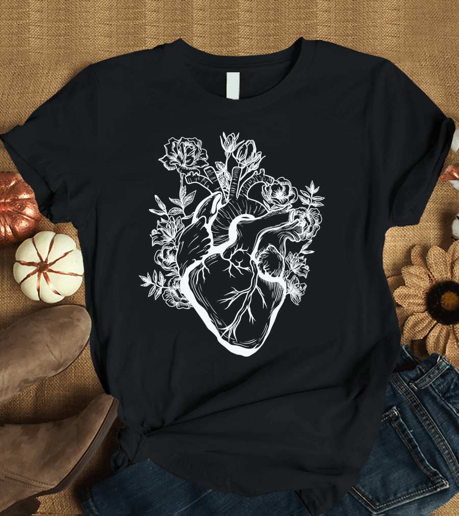 Heart and Flower Anatomical Design for Dark T-Shirt