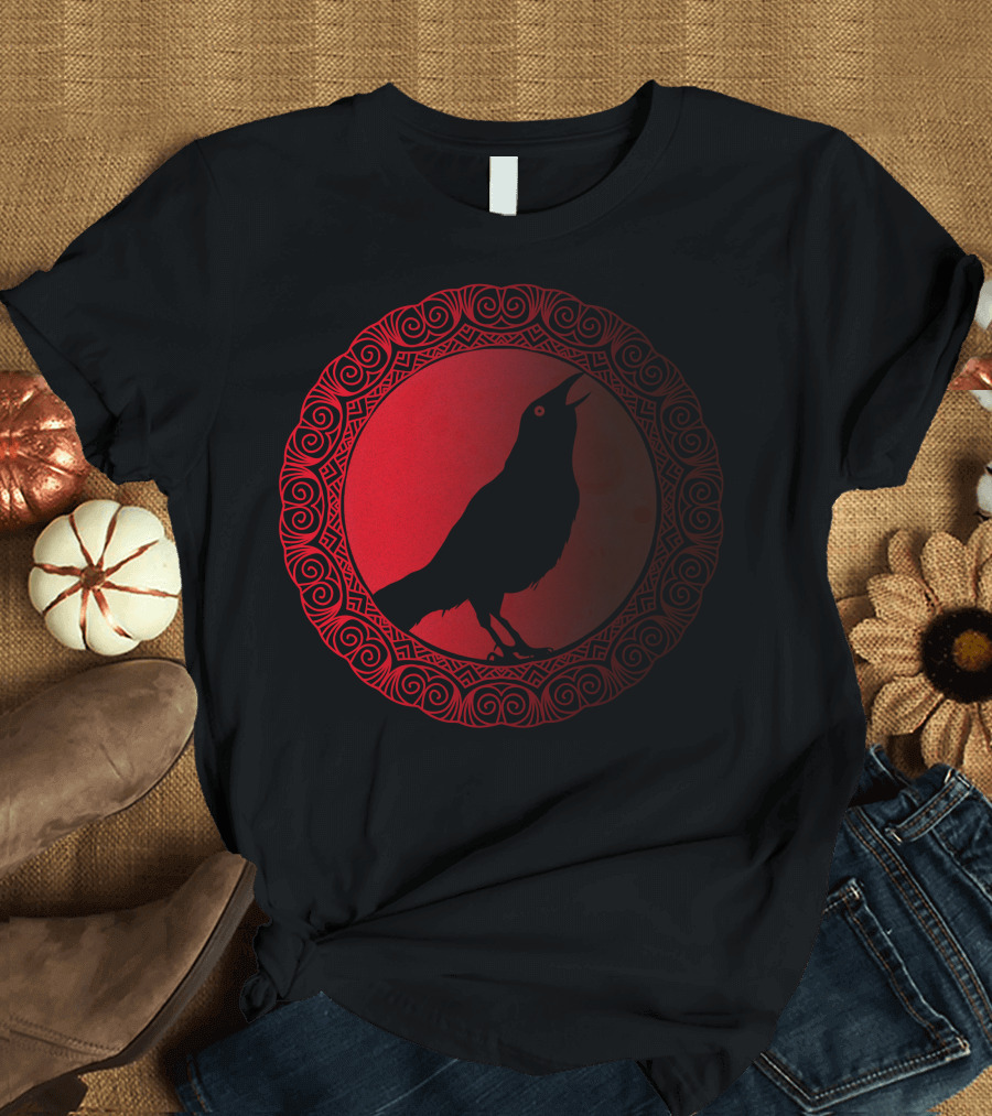 Edda Crown Celtic Raven Red Circle T-Shirt