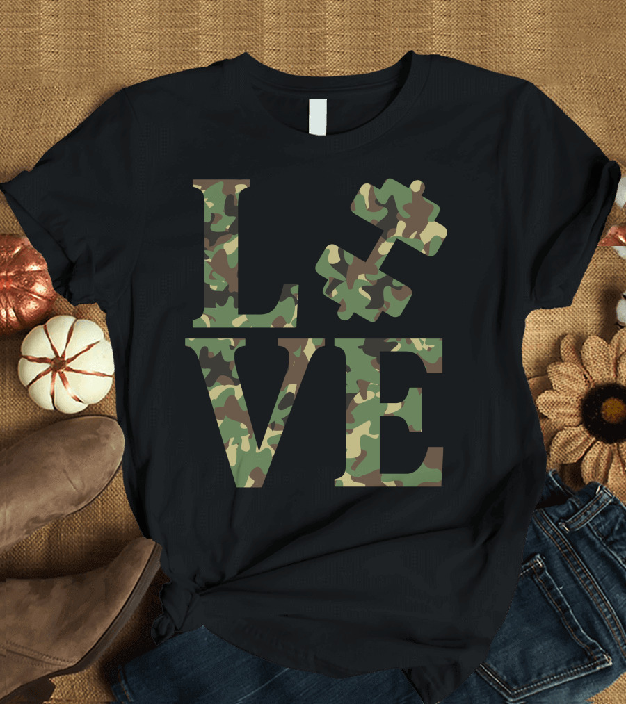 LOVE Gym Camouflage Dumbbell Puzzle T-Shirt