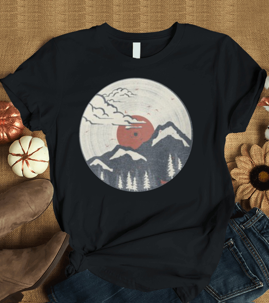Mtn Lp Vinyl Record Mountain Landscape with Red Sun and Pine Trees T-Shirt