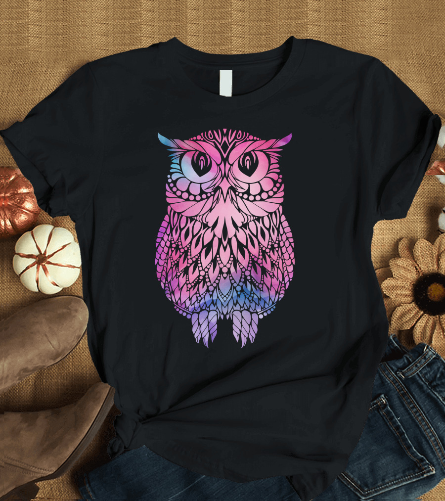 Watercolour Owl Pink and Purple Intricate T-Shirt