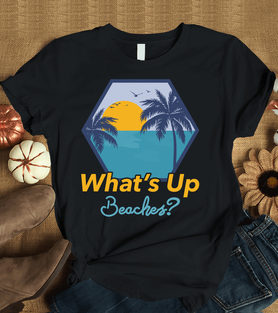 What's Up Beaches Hexagon Sunset Palm Trees Ocean Birds T-Shirt