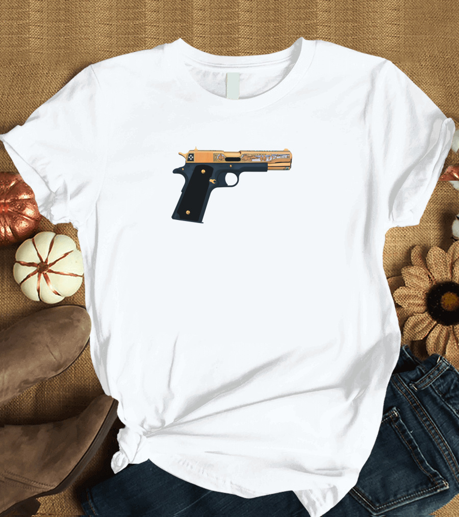 Black Gold Gun Pistol with Detailed T-Shirt