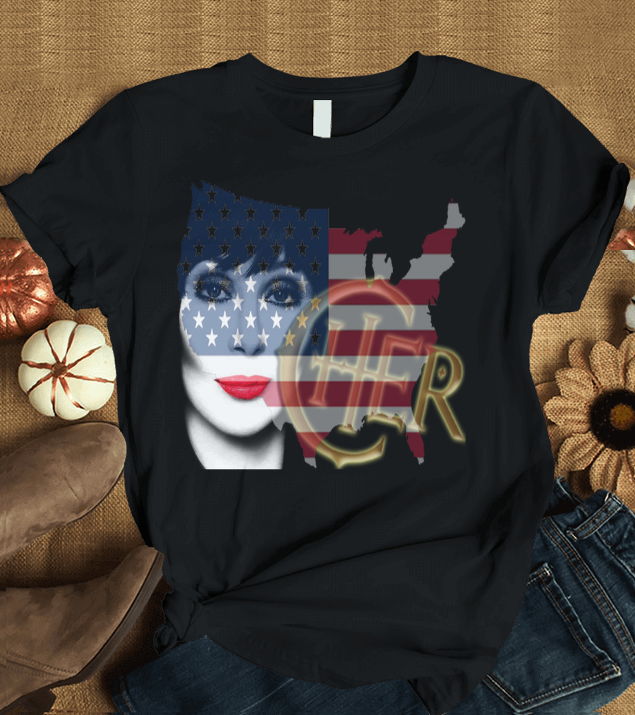 Cher American Flag Face with Map and Bold Name T-Shirt