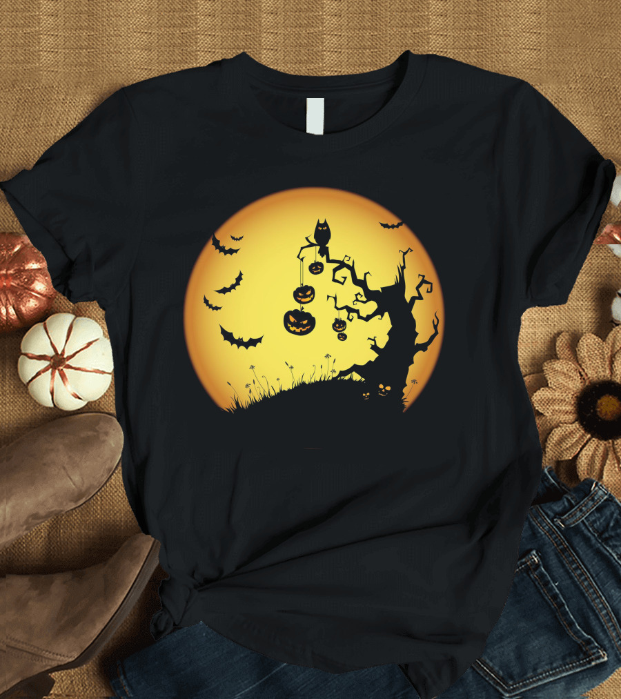 Halloween Moon Tree with Pumpkins and Bats T-Shirt