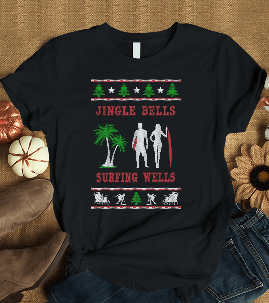 Jingle Bells Surfing Wells Holiday Surfboard Santa Tree T-Shirt