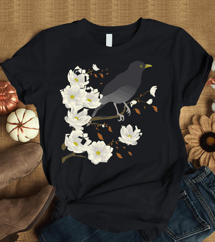 Branch Manager Crow Perched Among Blossoming White Flowers T-Shirt