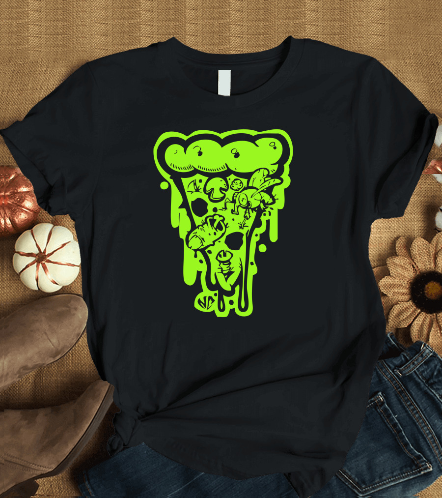 Dirty Pizza Slice with Bugs and Mushrooms Neon Green T-Shirt