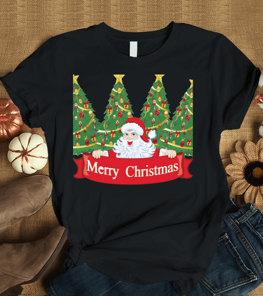 Merry Christmas Santa Claus with Christmas Trees and Red Banner T-Shirt
