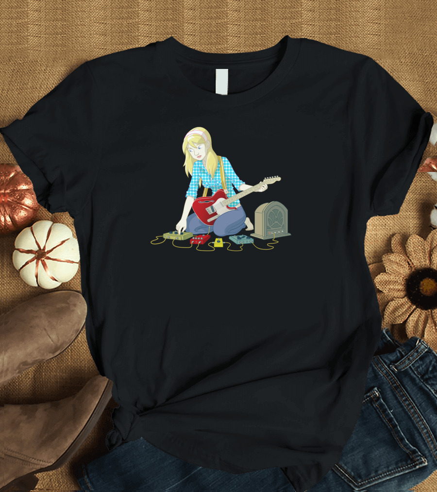 Pedal Pushin Girl with Electric Guitar and Effects Board T-Shirt
