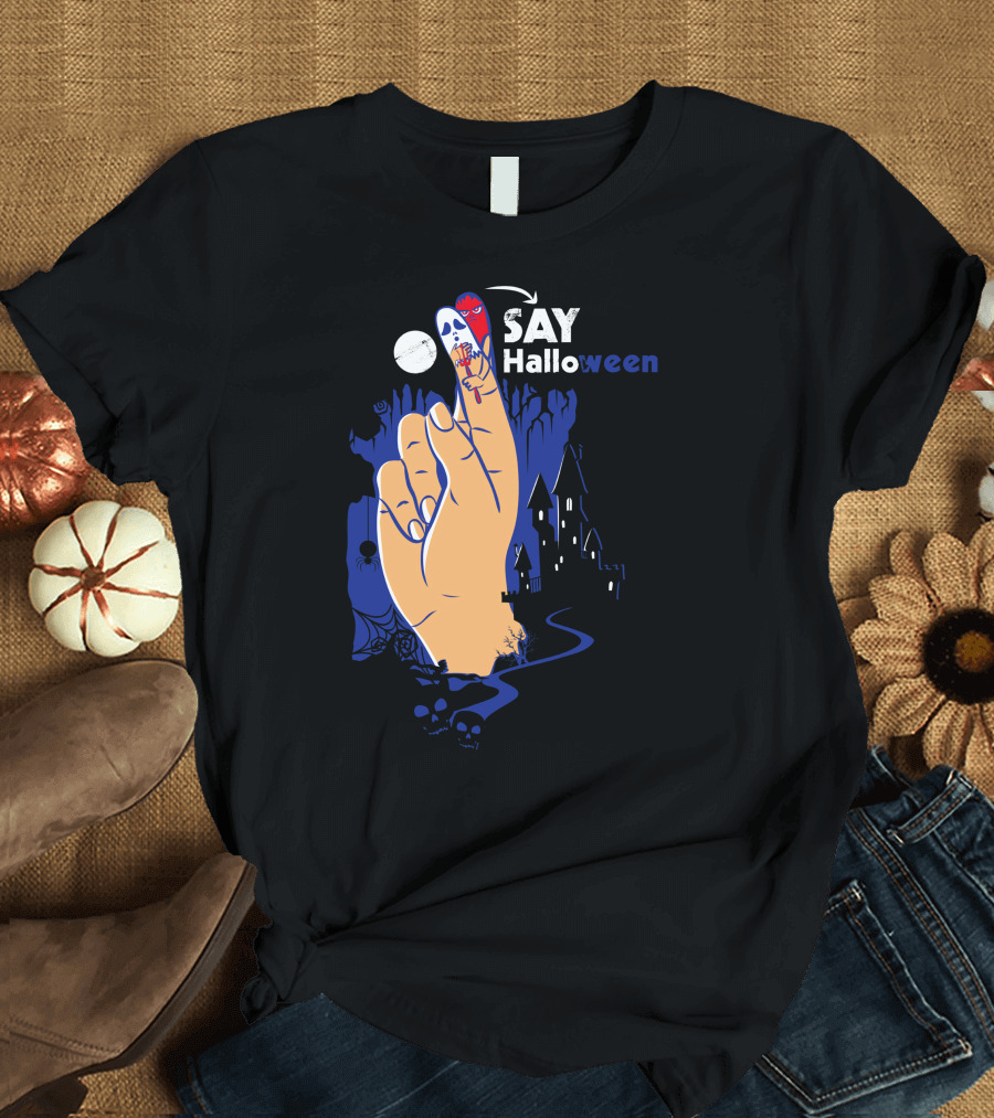 SAY Halloween Finger Mask Moon Haunted House T-Shirt