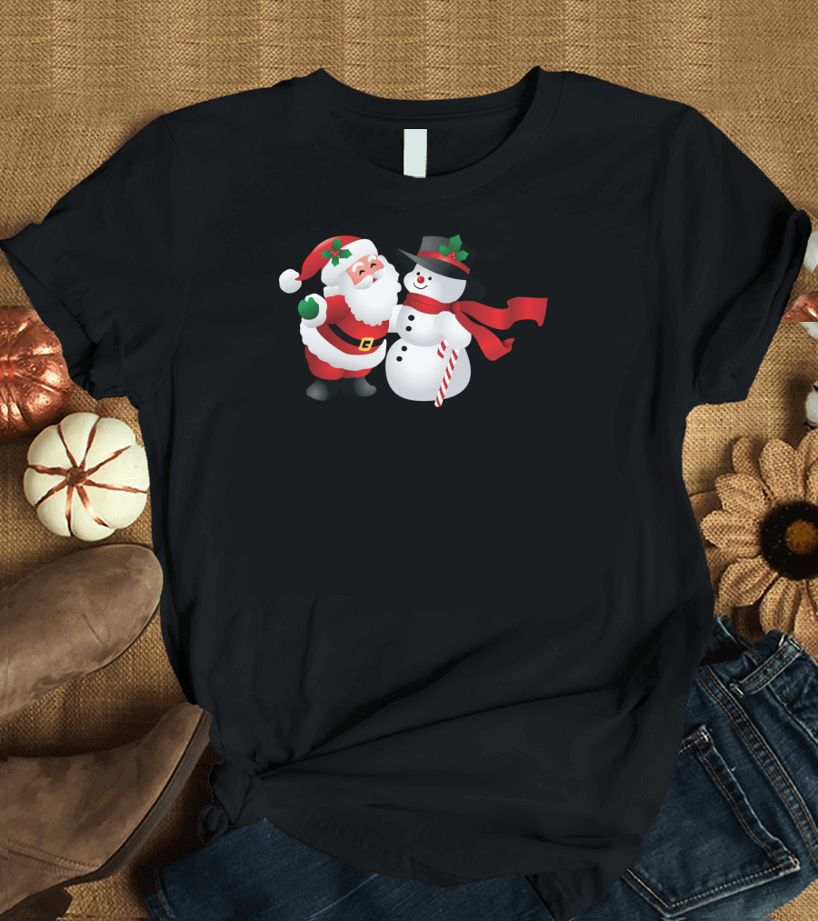 Snowman and Santa Claus Holding Candy Cane with Hat and Scarf T-Shirt