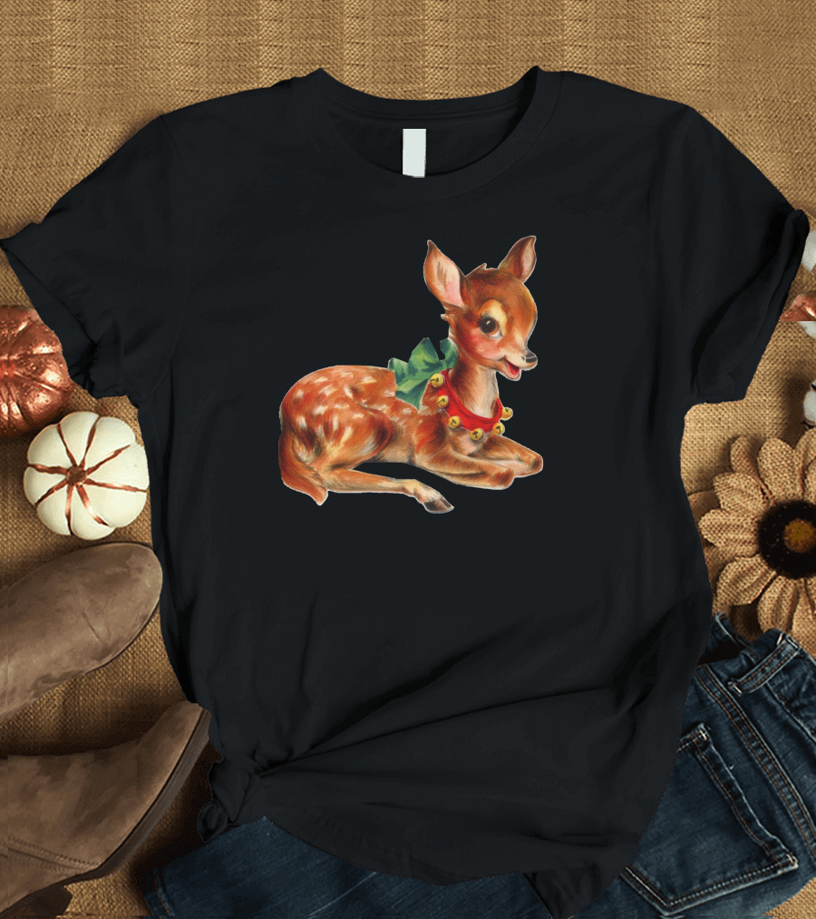 Vintage Christmas Deer with Green Bow and Red Bell Collar T-Shirt