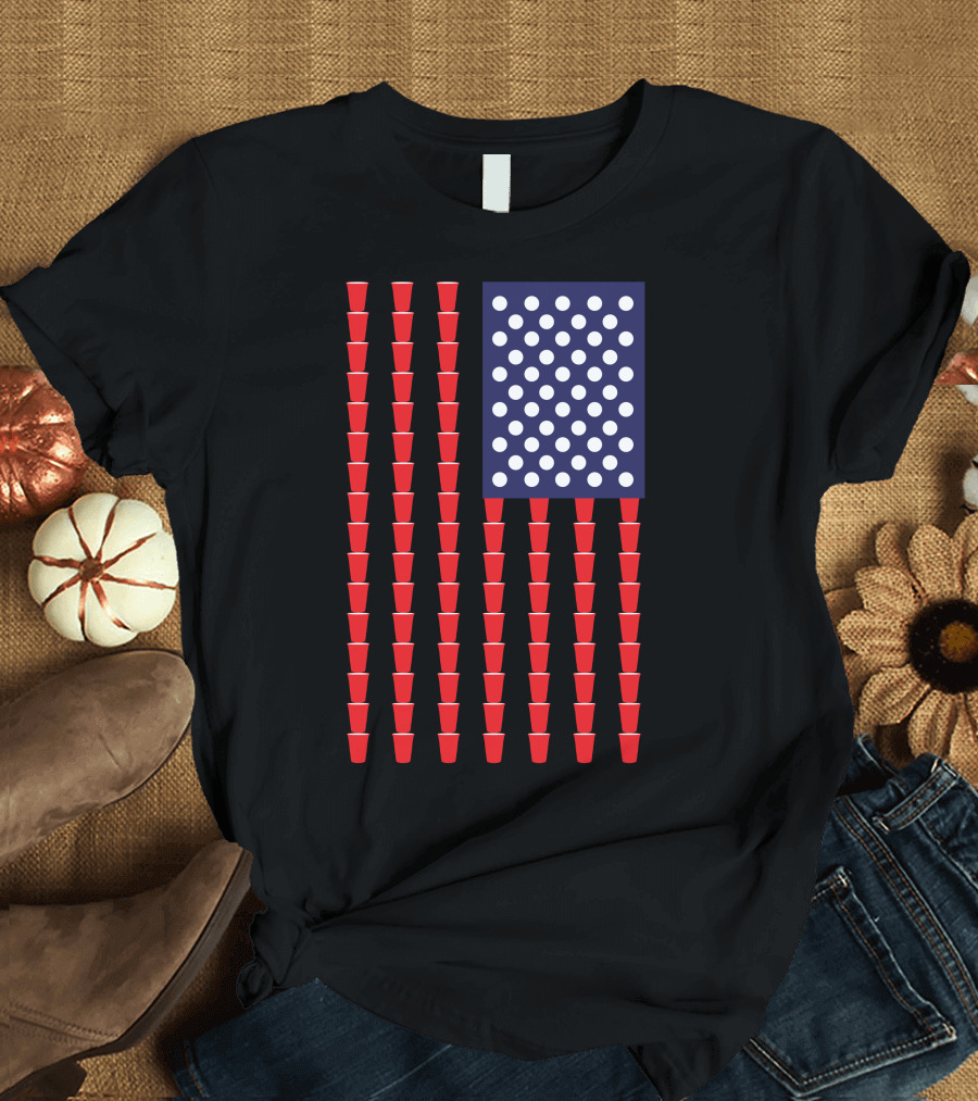 Beer Pong American Flag Red Cups Blue Stars T-Shirt