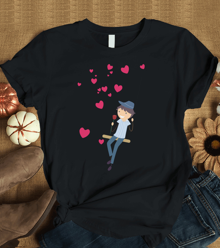 Boy on Swing with Hearts and Rose T-Shirt