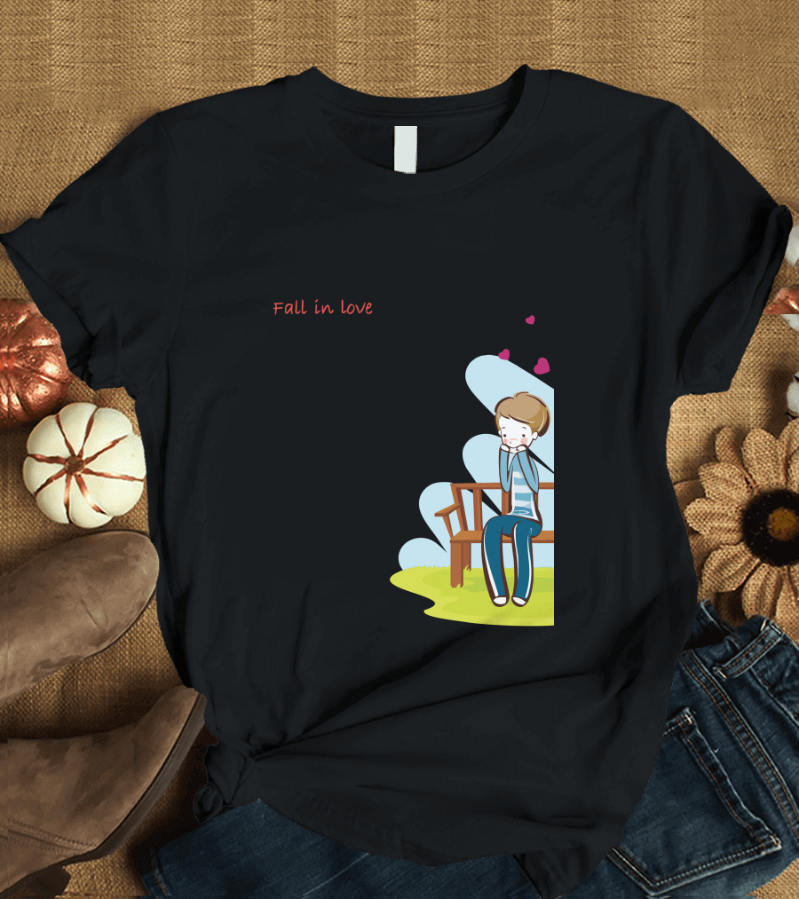 Fall in Love Cartoon Character on Bench with Hearts T-Shirt