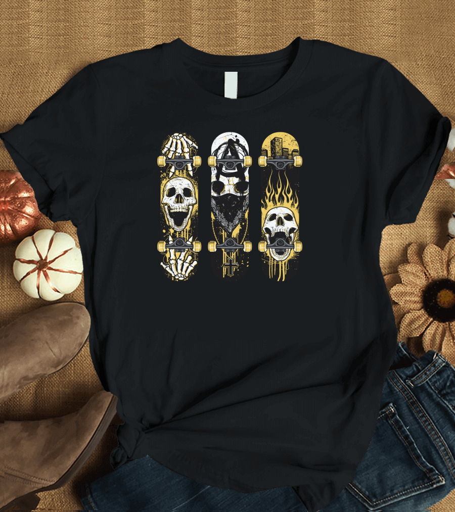 Skateboards with Skeleton and Flames Skull T-Shirt
