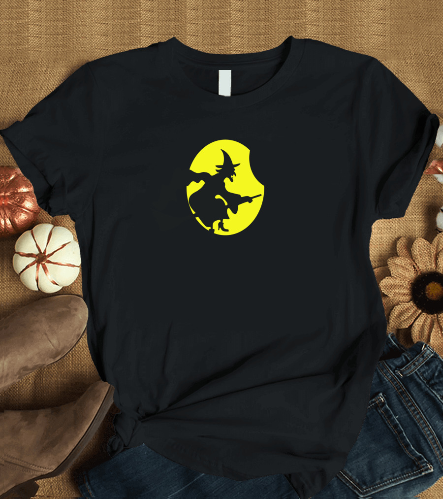 Halloween Witch Flying on Broomstick in Front of Yellow Moon and Crescent Moon T-Shirt