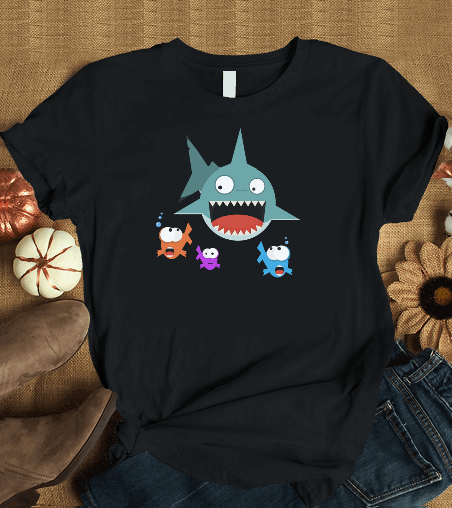 Shark Attack Funny Cartoon Fish Chase T-Shirt
