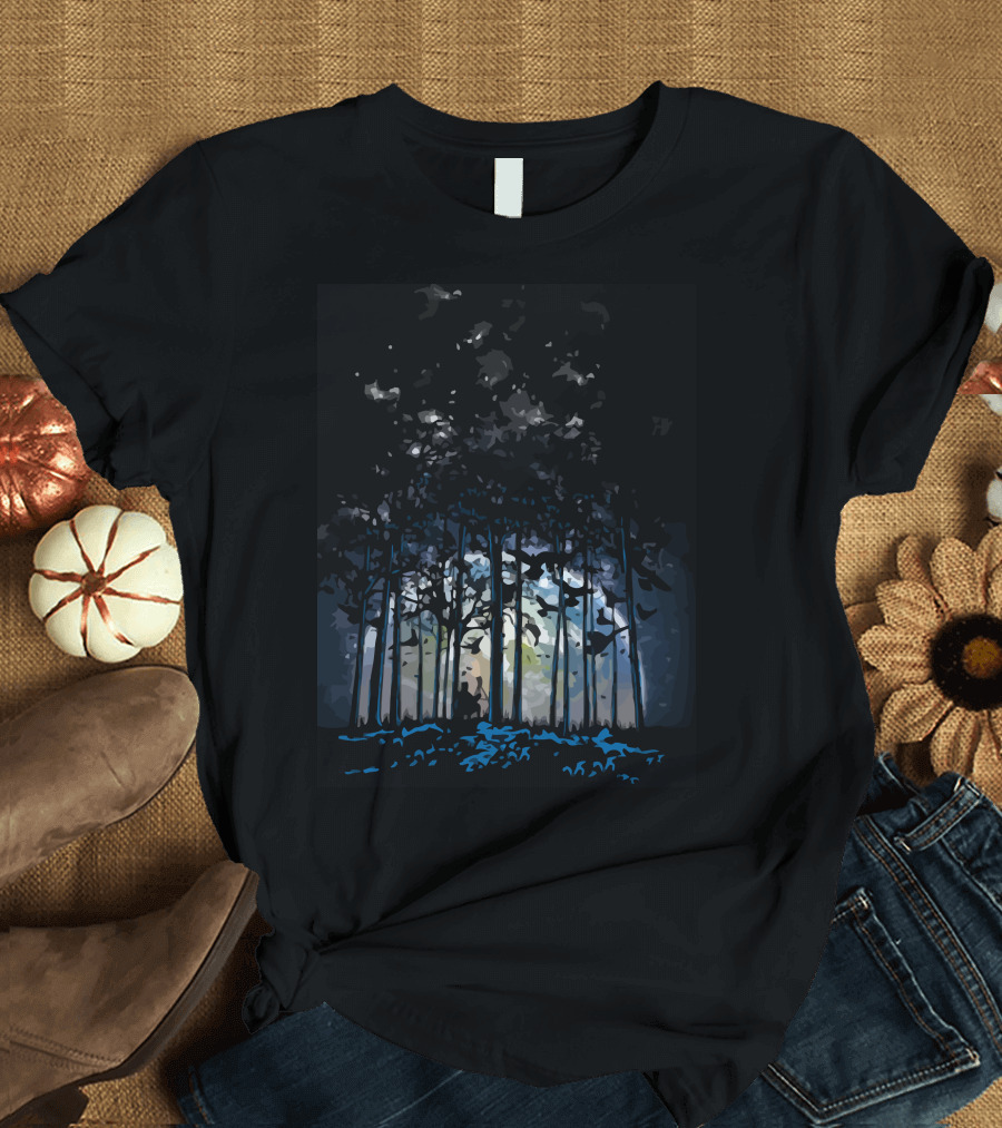 Rising Moonlit Forest Silhouette with Night Sky and Trees T-Shirt