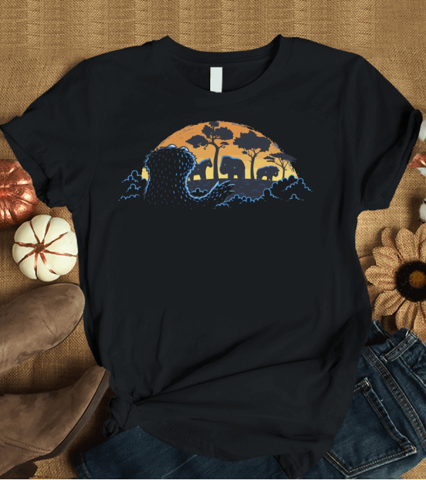 T-Shirt: S Is For Safari Sunset with Elephant Silhouettes and Lion Scene T-Shirt S Is For Safari Sunset with Elephant Silhouettes and Lion Scene T-Shirt
