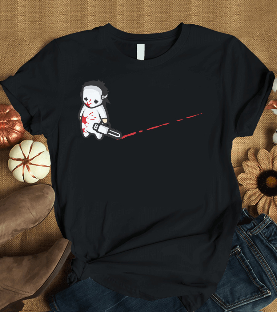 Sad Psycho Chainsaw Character with Bloody Trail T-Shirt