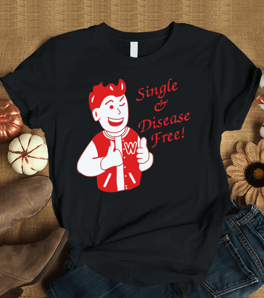 Single and Disease Free W Logo Varsity Jacket Red Cartoon Character T-Shirt