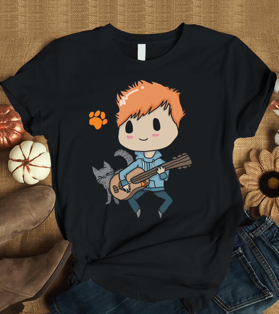 Ed Sheeran Cartoon Cat Guitar Paw Print T-Shirt