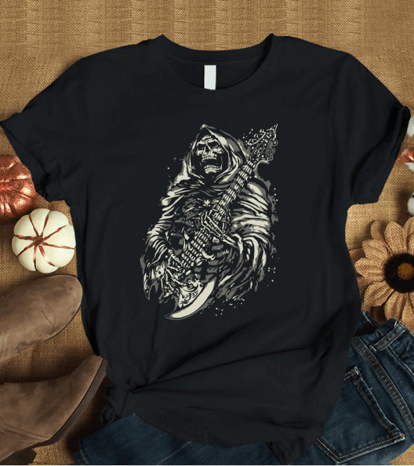 T-Shirt: Grim Reaper Playing Electric Guitar with Hooded Cloak and Skull T-Shirt Grim Reaper Playing Electric Guitar with Hooded Cloak and Skull T-Shirt