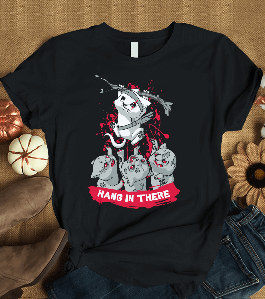 Hang In There Samurai Cat With Zombies T-Shirt