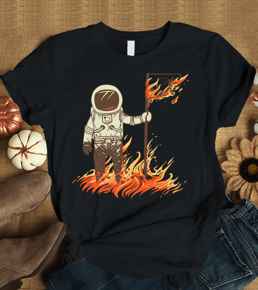 I Claim This Sun For Gyaahhhh Flaming Astronaut Holding Flag in Fire T-Shirt