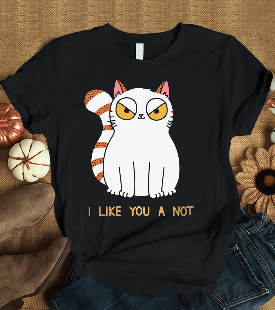 Grumpy White Cat with Striped Tail Saying I Like You A Not T-Shirt