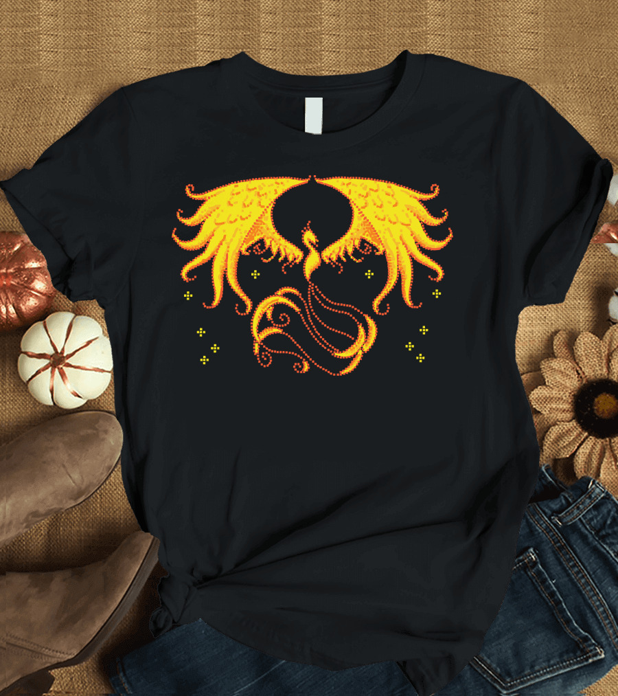Pixel Phoenix Retro Firebird Symmetry Fantasy Tail Glowing Wings Spirals T-Shirt