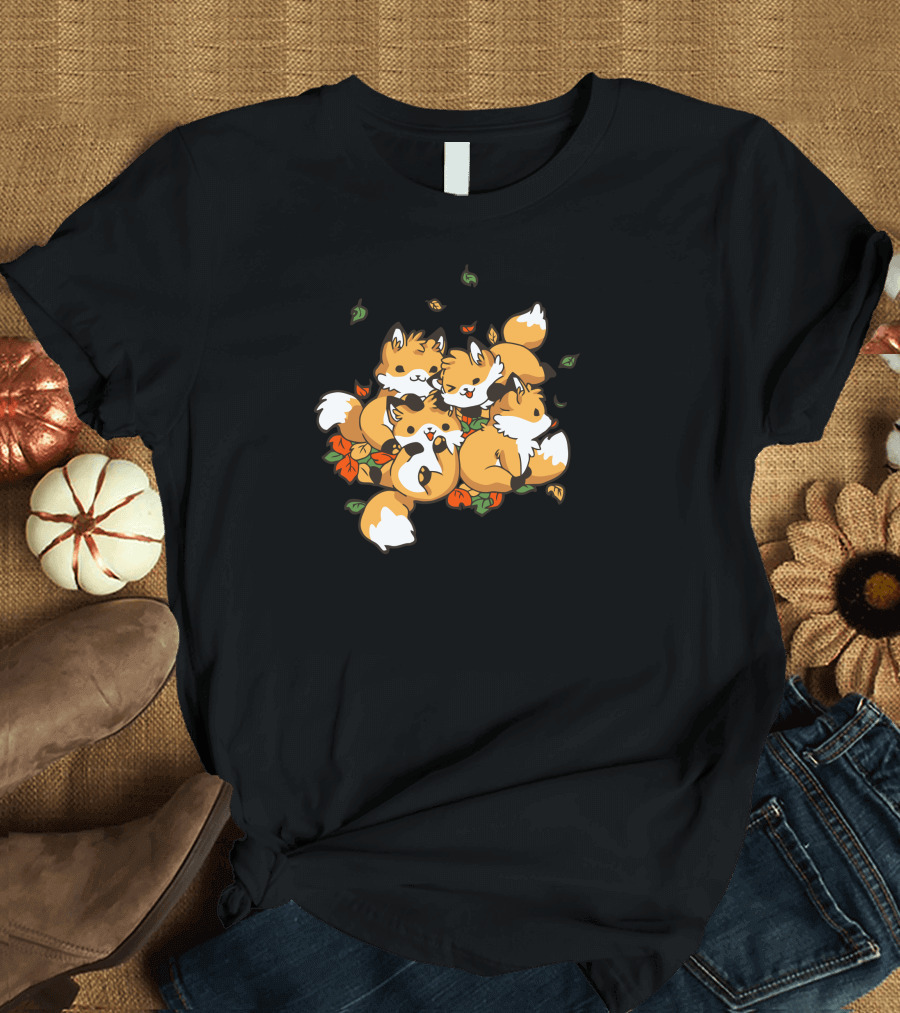 Playful Foxes Autumn Leaves Cozy Gathering T-Shirt