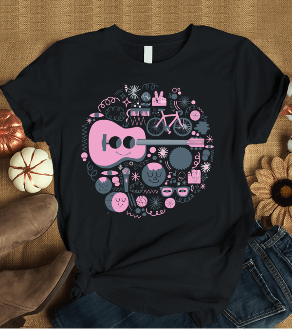 T-Shirt: Pop Heart Music Symbols Bicycle Peace Signs Guitar Icons T-Shirt Pop Heart Music Symbols Bicycle Peace Signs Guitar Icons T-Shirt